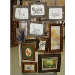 Lot of 10 framed pictures: antelope, buffalo, mountain goat, deer, dog team, owl, original oils (227