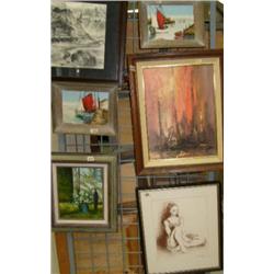Lot of 5 pieces of original art: sailboats at dock, flowers, sailboats tied up at cannery, sitting l