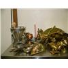 Image 2 : Entire cart of: collection of brass and copper, collection of pottery pictures, kerosene laps, burl 