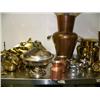 Image 3 : Entire cart of: collection of brass and copper, collection of pottery pictures, kerosene laps, burl 