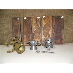Lot of 5 carved wood wall hangings, 3 pewter pieces and a brass door bell (232)