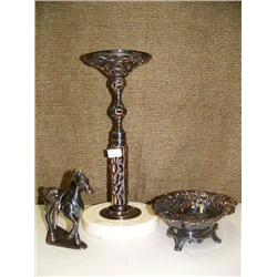 Lot of 3 metal pieces: horse, candy dish, candle holder (8888)