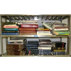 2 shelves of books and magazines: cooking, home repair, Charles Dickens, Set of "The Old West", heal