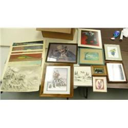 Lot of art: framed alligator print, Eskimo statue, animal prints and photos framed, Rie Munoz print,