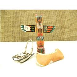 Lot of 3: totem, baleen sled and bark canoe (2)