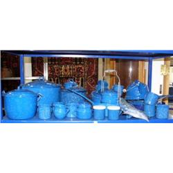 Lot of granite ware: cups, plates, pots, pans and utensils (235)