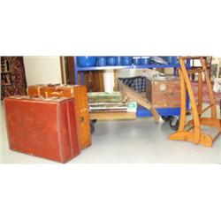 2 old suitcases, old newspaper clippings, original art, wood box, small wood ladder and wood rack (2