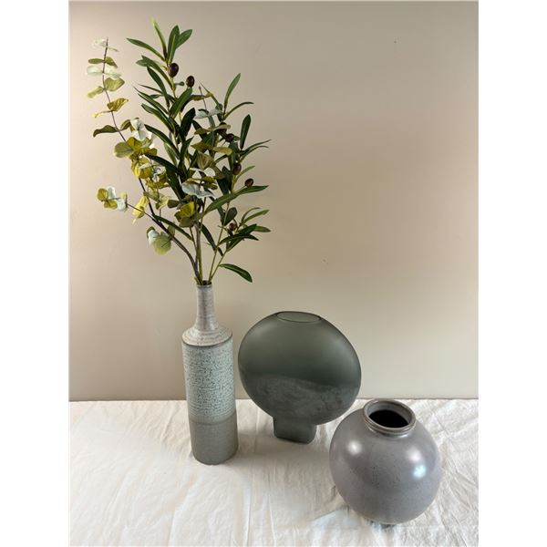 2 Pottery & 1 Glass Vase