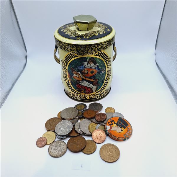 English Tin Full of Foreign Coins 2.77 Pounds