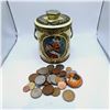 Image 1 : English Tin Full of Foreign Coins 2.77 Pounds