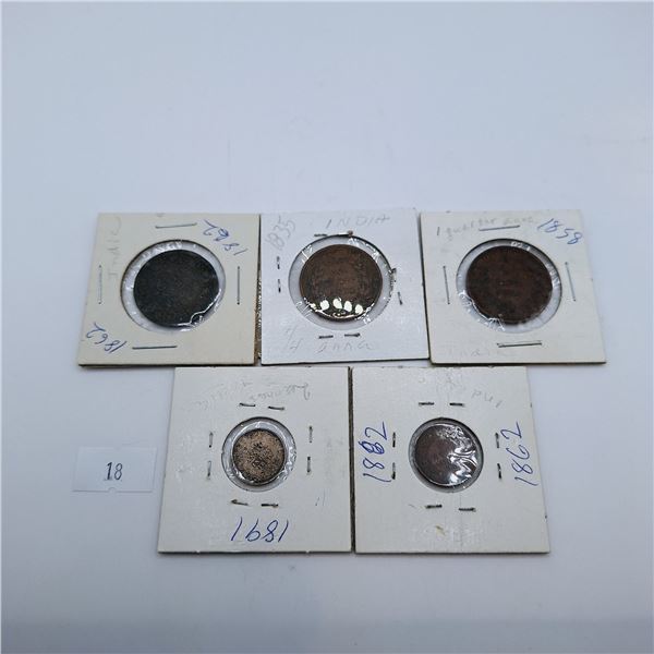 Set of Five Antique Coins from the Former British Raj ; India - Silver Coin Included