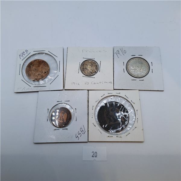 Set of Five Antique Coins from France - Silver Coin Included