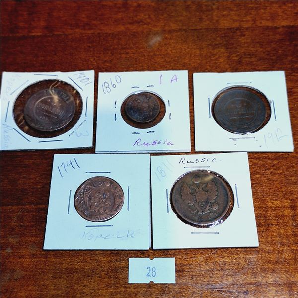 Set of Five Antique Coins from Russia