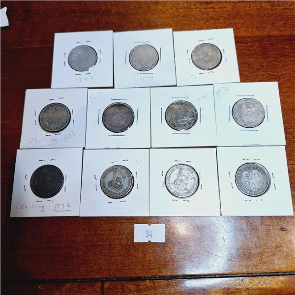 Set of Eleven Antique One Shilling Coins - Great Britain, South Africa, Australia