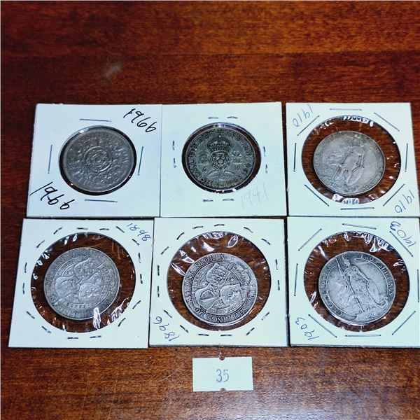 Set of Six Antique Two Shilling Coins from Great Britain
