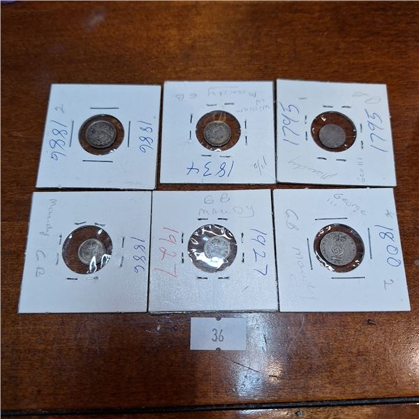 Set of Six 1, 1/1/2, 2 Pence Antique Coins from Great Britain