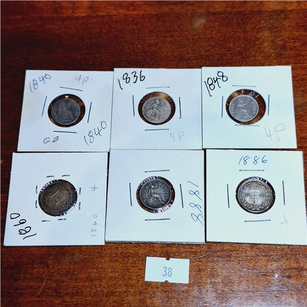 Set of Six Antique Four Pence Coins from Great Britain