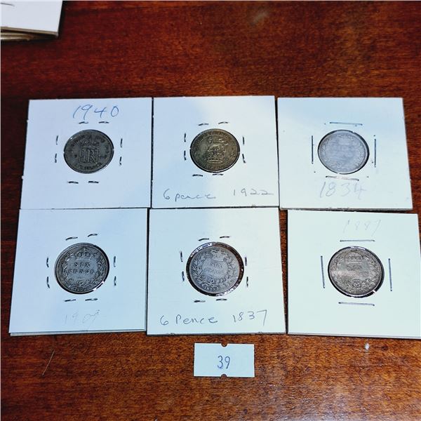 Set of Six 6 Pence Coins from Great Britain