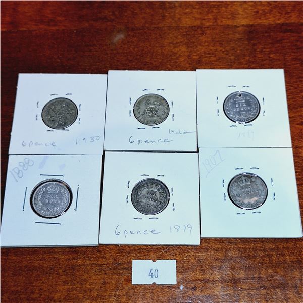 Set of Six 6 Pence Antique Coins from Great Britain