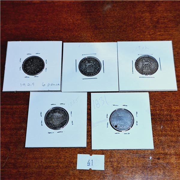 Set of Five Six Pence Antique Coins from Great Britain