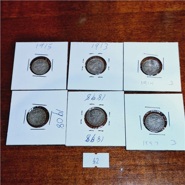 Set of Six 3 Pence Antique Coins from Great Britain