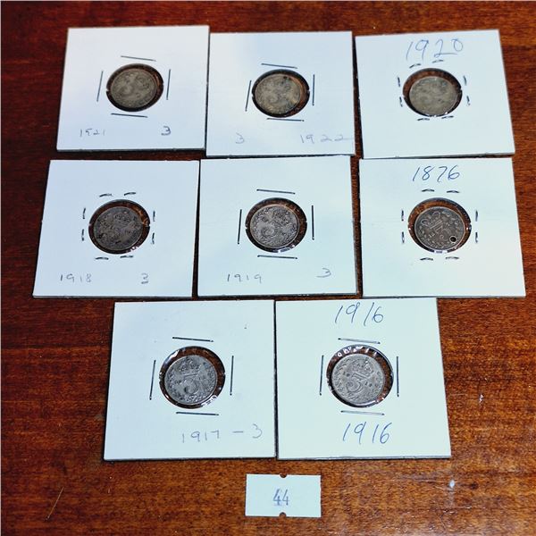 Set of Eight Antique 3 Pence Coins from Great Britain