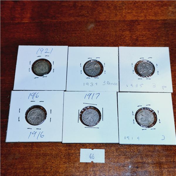 Set of Six Antique 3 Pence Coins from Great Britain