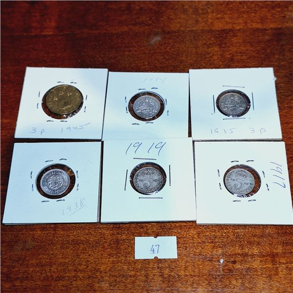 Set of Six Antique 3 Pence Coins from Great Britain
