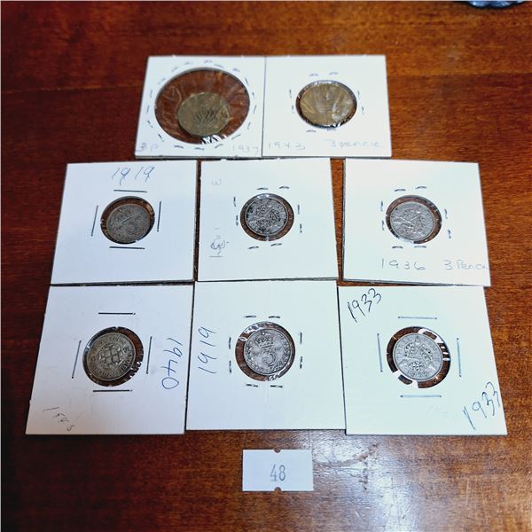 Set of Eight Antique 3 Pence Coins from Great Britain