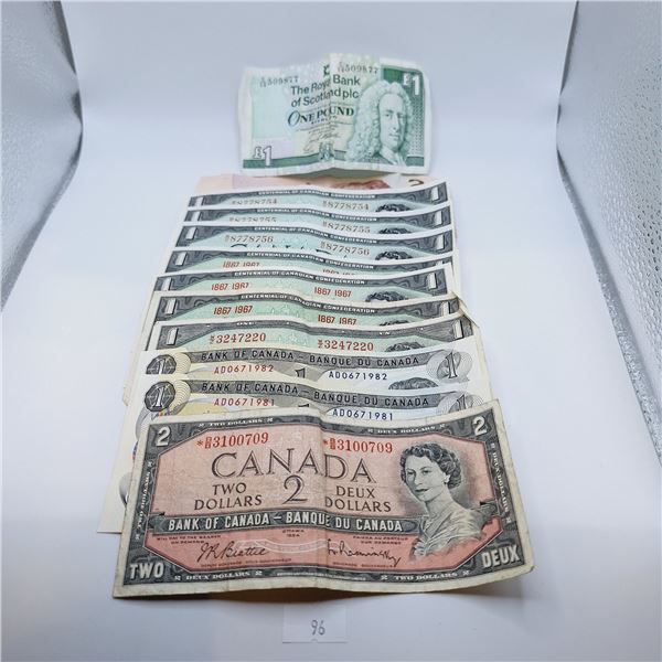 Canadian $1 and $2 Bills, Scottish Pound