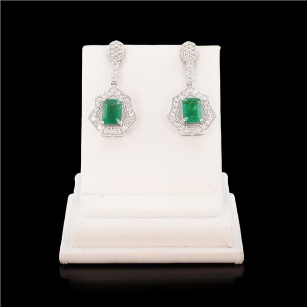 2.70 ctw Emerald and 0.94 ctw Diamond 18K White Gold Dangle Earrings
