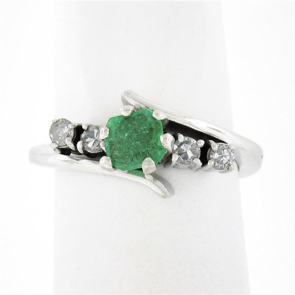 Vintage 14k White Gold Emerald Cut Emerald & 0.12 ctw Round Diamond Bypass Ring