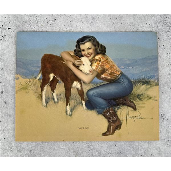 Antique Rolf Armstrong Cowgirl & Calf Print