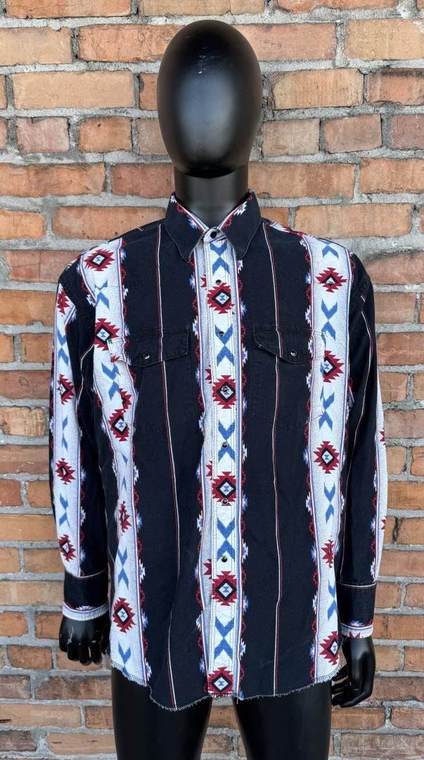 Vtg Wrangler Black Denim Pearl Snap Western Shirt Chimayo Native Embroidered XL