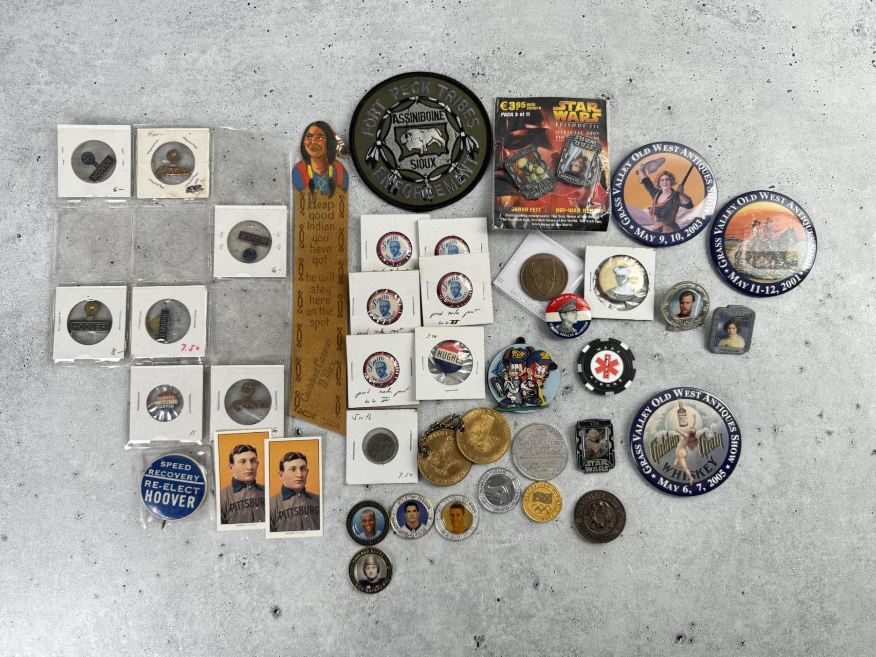 Collection of Assorted Pins Buttons Tokens