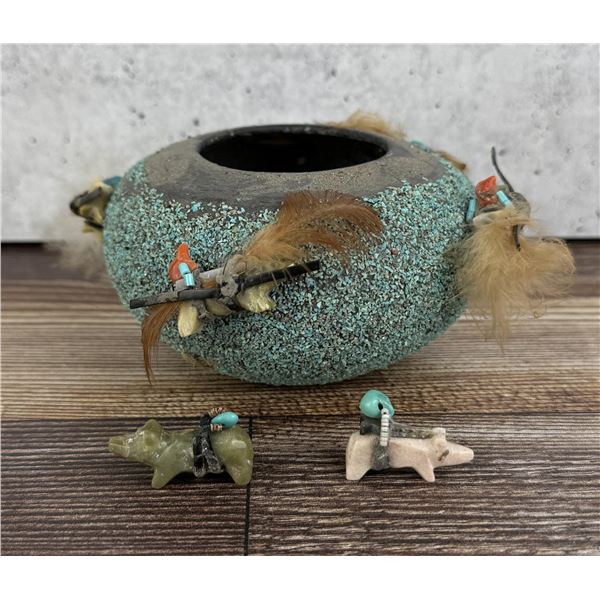 Zuni Indian Fetish Spirit Bowl Turquoise Encrusted