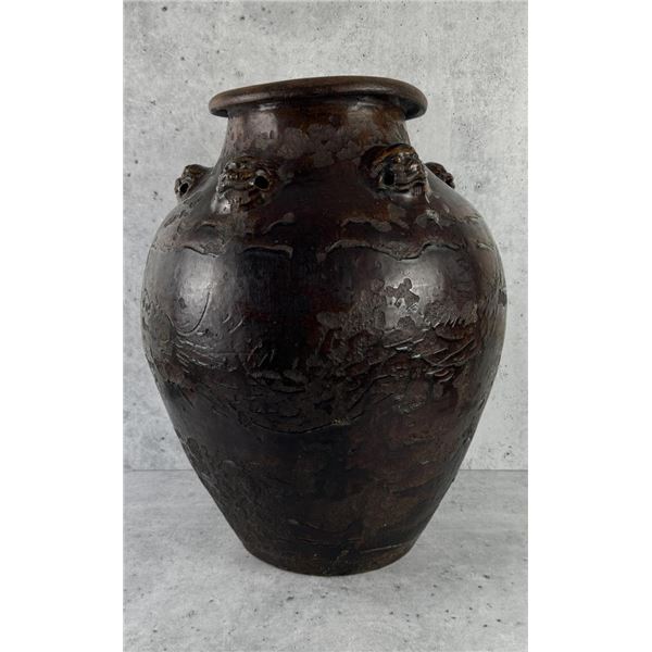 Large Chinese Martaban Stoneware Dragon Vessel