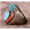 Image 2 : HEAVY STERLING SILVER TURQUOISE & CORAL RING
