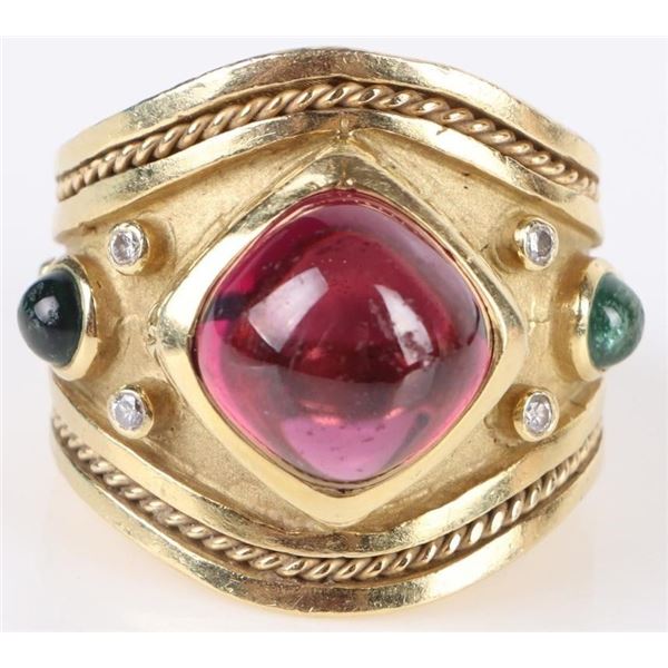 18K GOLD TOURMALINE DIAMOND EMERALD CABOCHON RING