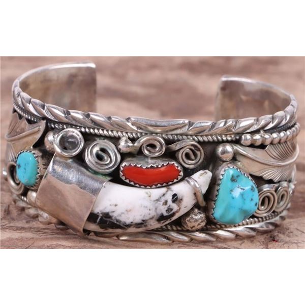 STERLING SILVER TURQUOISE CORAL NAVAJO BRACELET