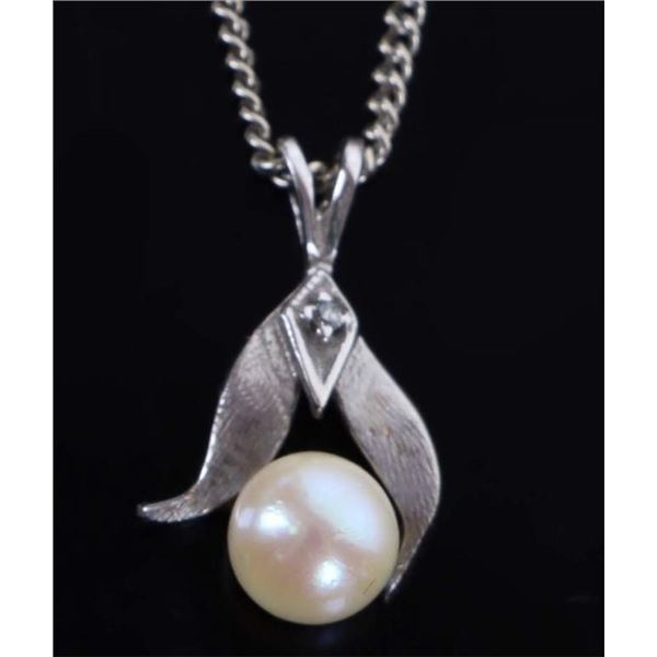 14K WHITE GOLD PEARL DIAMOND NECKLACE & PENDANT