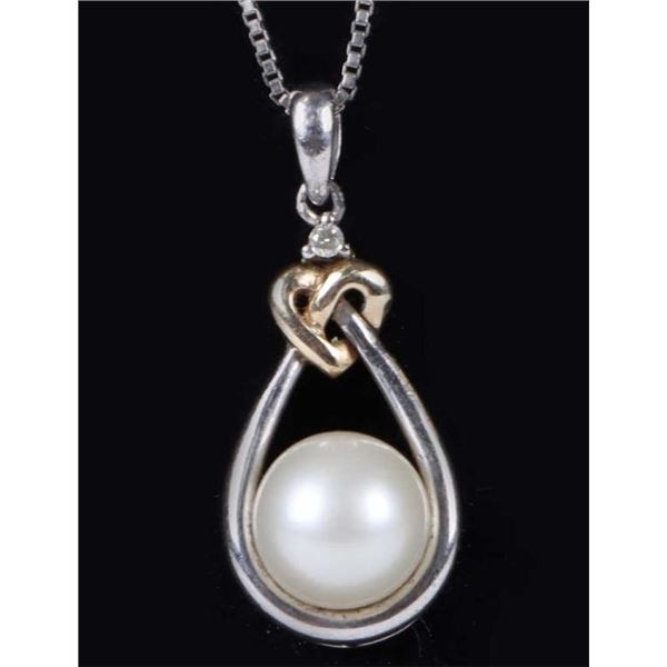 14K GOLD & 0.925 SILVER PEARL DIAMOND NECKLACE