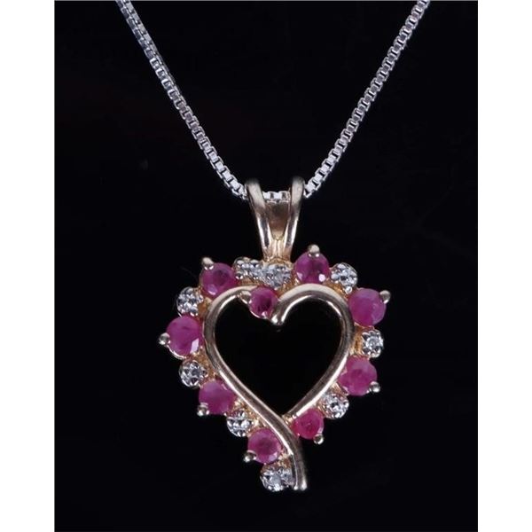 STERLING SILVER PINK RUBY DIAMOND HEART NECKLACE