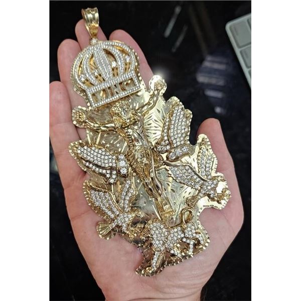 GIANT SIZE 10K YELLOW GOLD JESUS "KING" CZ PENDANT