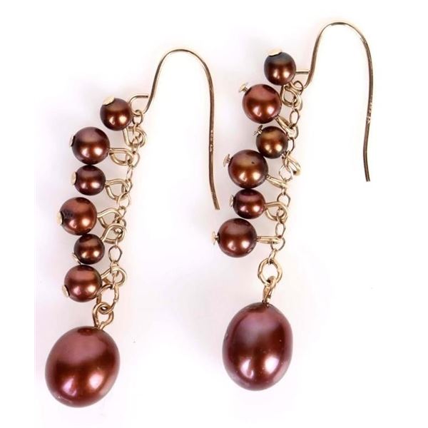 14K YELLOW GOLD DANGLE LADIES EARRINGS W/ PEARLS