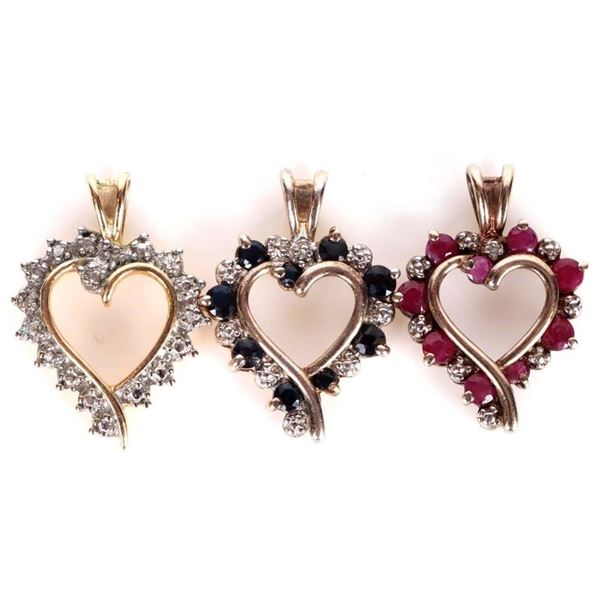 STERLING SILVER ASSORTED GEM HEART PENDANTS - (3)
