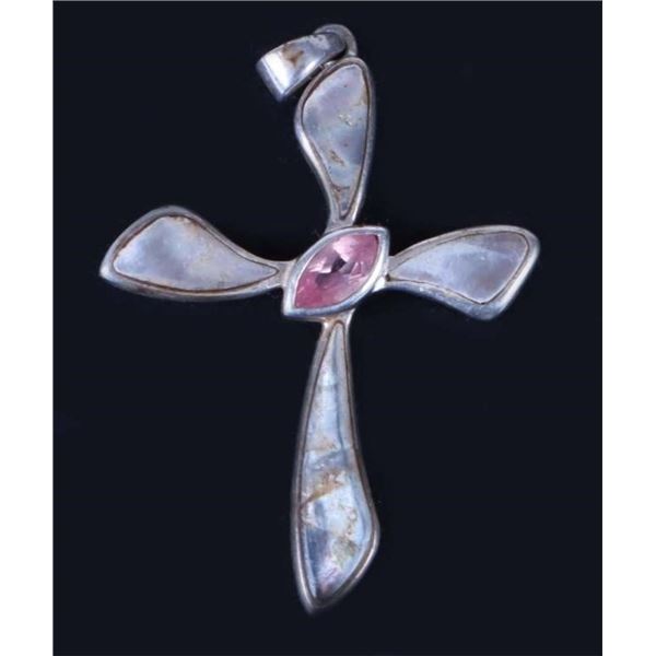 STERLING SILVER PINK SAPPHIRE OPAL CROSS PENDANT