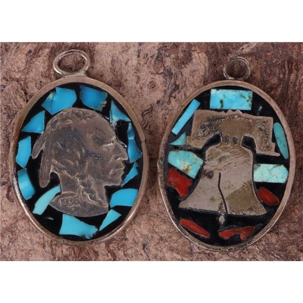 TURQUOISE & CORAL STERLING SILVER COIN PENDANTS