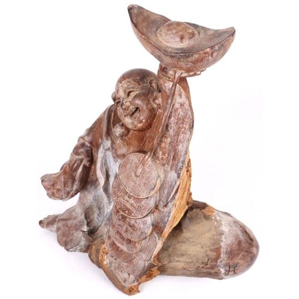 HAND-CARVED WOOD LAUGHING BUDDHA STATUE