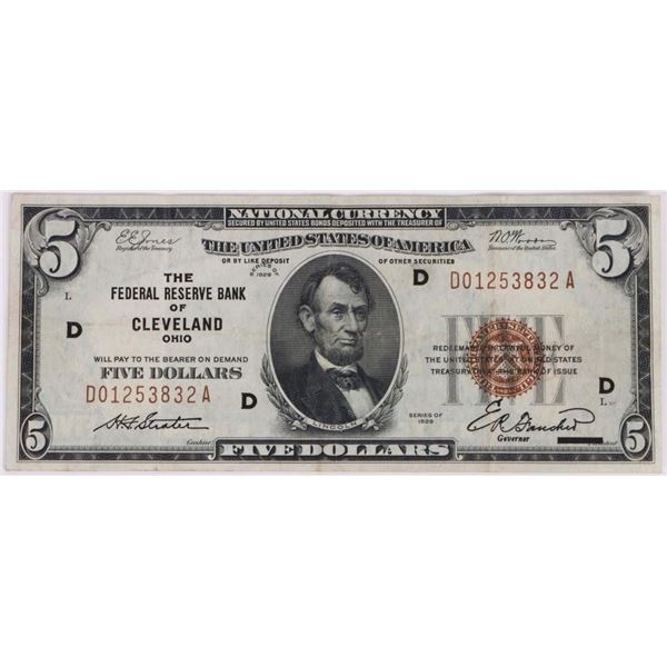 1929 $5 FEDERAL RESERVE BANK OF CLEVELAND OHIO